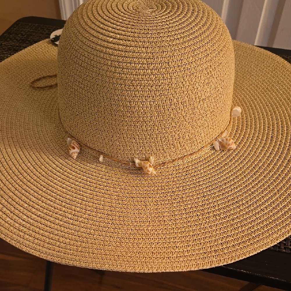 Elegant Tan Straw Sun Hat with Shell Accents